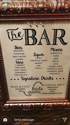 the bar menu is displayed in an ornate frame