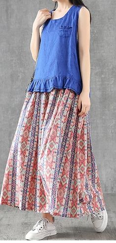 Floral Casual Cotton loose fitting Women's Skirts Casual Flowy Maxi Skirt With Elastic Waistband, Casual Flowy Tiered Maxi Skirt, Casual Flowy Maxi Skirt For Summer, Casual Gathered Maxi Skirt, Casual Long Ruffled Maxi Skirt, Relaxed Bohemian Midi Skirt, Casual Non-stretch Multicolor Skirt, Bohemian Relaxed Midi Skirt, Bohemian Midi Relaxed Skirt