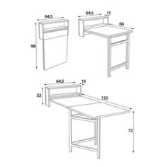 the drawing shows three different tables, one with an open shelf and one with a closed drawer