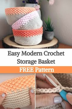 crochet storage basket with text overlay that says easy modern crochet storage basket free pattern