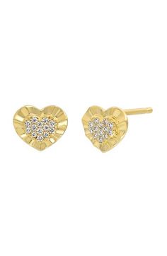 Crimped edges bring artisanal beauty to romantic heart-shaped stud earrings handcrafted from 18-karat yellow gold and centered with sparkling pavé diamonds. 1/4" diameter Post back Total diamond weight: 0.08ct. Color: G Clarity: VS Handcrafted 18k gold/diamond Imported >Diamond Guide Yellow Gold Diamond Double Heart Earrings, Yellow Gold Heart Diamond Earrings With Prong Setting, Yellow Gold Heart Cut Brilliant Earrings, Valentine's Day Yellow Gold Heart Earrings With Brilliant Cut, Yellow Gold Diamond Heart Cut Earrings, Yellow Gold Diamond Heart Earrings, Valentine's Day Yellow Gold Diamond Heart Earrings, Fine Jewelry Yellow Gold Heart Earrings With Diamond Accents, Yellow Gold Heart Cut Diamond Earrings