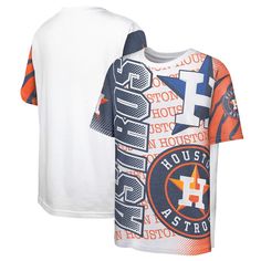 two houston astros t - shirts, one in white and the other in blue with an orange stripe