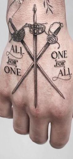 a hand with two swords on it and the words all for one for all written in black ink