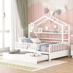 a child's bedroom with pink walls and white bedding, stars on the ceiling