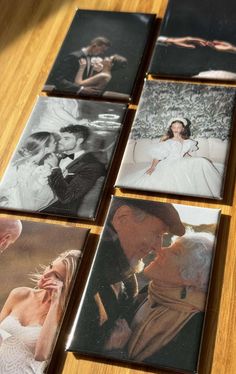 four different pictures of people kissing each other on a wooden table with black and white photos