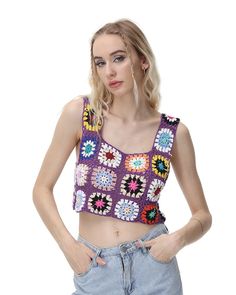 Model (WearingOne Size):•Â?/span>Height: 178cm | Bust: 89cm | Waist: 60cm | Hip: 89cmDetails: Square-neck crochet top with colorful floral patternsLength: CroppedSleeve Length: SleevelessMaterials: 95% Cotton + 5% Spandex Fitted Purple Crochet Top For Vacation, Sleeveless Granny Square Tops For Spring, Purple Crochet Lace Top For Summer, Casual Sleeveless Granny Square Top, Casual Purple Crochet Top For Summer, Casual Purple Crochet Top For The Beach, Casual Purple Crochet Top For Vacation, Fitted Crochet Top With Granny Square For Spring, Summer Granny Square Crochet Top