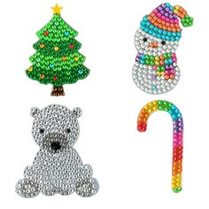 three different types of sequinized christmas decorations on a white background, one with a snowman, one with a polar bear and one with a candy cane