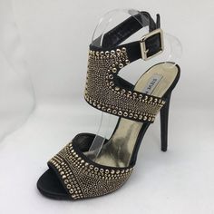 Steve Madden Haiile Black And Gold Stud Dressy Strappy Sandal Stiletto Condition: New, Unworn Without Box Material: Leather Toe: Open Heel Height: 5.25 In Original Price: $150 Stock Bin: 1 Stock Code: Blkstdh5insm9.5 Shoes Steve Madden, Open Toed Heels, Gold Stud, Gold Studs, Steve Madden Shoes, Strappy Sandals, Black And Gold, Shoes Women Heels, Steve Madden