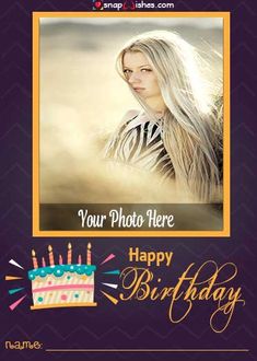 a happy birthday card with a photo and candles in the middle, on a purple background