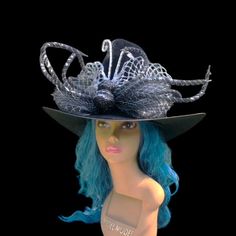 'Will You Walk Into My Parlour?' Said The Spider To The Butterfly. Black Polyester Hat Embellished With A Large Spider "Seducing" A Silver Mesh Distressed Butterfly. 4 Inch Adjustable Brim And 15 Inch High Peaked Wizard Style Crown. Halloween /Party Spider Butterfly Allegory Handcrafted Hat New. One-Of-A-Kind, Brand New, Never Worn. One Size Fits Most. Silver Wide Brim Costume Hat With Adjustable Fit, Silver Adjustable Wide Brim Costume Hat, Silver Wide Brim Adjustable Costume Hat, Fitted Black Hat For Carnival, Silver Wide Brim Costume Hat For Party, Witchy Brimmed Costume Hats For Parties, Witchy Wide Brim Costume Hat For Party, Silver Brimmed Party Hat, Black High Crown Hat For Halloween