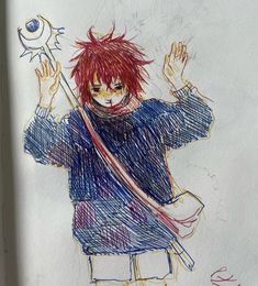 a drawing of a boy with red hair holding an eyeball in his right hand