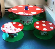 the table is made out of paper plates and has white polka dots on them, as well as green bases