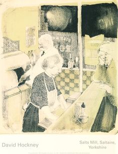 a drawing of two people in a kitchen