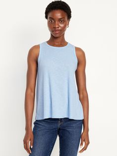 crew neck sleeveless relaxed swing fit with a flared hem hits at hip models are approx.  5'9" and wear sizes s (4), l (12), and xl (18)machine wash according to the care instruction label Blue Crew Neck Muscle Tee For Summer, Blue Sleeveless Top With Relaxed Fit, Blue Relaxed Fit Sleeveless Top, Blue Relaxed Fit Tank Top, Blue Casual Muscle Tee For Spring, Blue Crew Neck Muscle Tee For Spring, Blue Relaxed Fit Tank Top For Everyday, Spring Blue Cotton Muscle Tee, Blue Cotton Muscle Tee For Spring