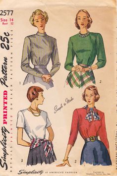 three women's blouses and skirts in different styles