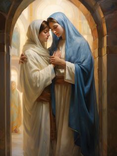 a painting of two women embracing each other in front of an arch with the light coming through