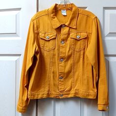 Women's Yellow Denim Style Jacket Size Xl. Fits Like Large New With Out Tags - Never Worn. Fitted Yellow Denim Jacket For Fall, Yellow Cotton Denim Jacket For Fall, Casual Yellow Denim Jacket, Yellow Denim Jacket With Pockets For Fall, Yellow Denim Long Sleeve Outerwear, Casual Yellow Denim Jacket With Pockets, Yellow Long Sleeve Denim Outerwear, Casual Yellow Denim Jacket For Spring, Yellow Cotton Denim Jacket With Pockets