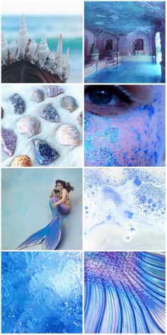 the collage shows blue and white colors with mermaids, shells, and seashells