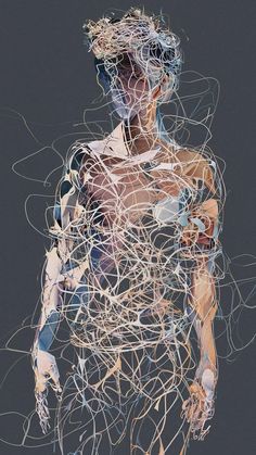 an abstract drawing of a man's torso with lines all over him and his body