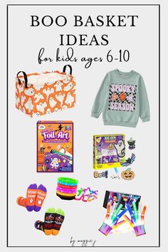 In this picture, you will find a boo basket idea collage. This pictures a basket with ghosts, a Halloween themed sweatshirt for kids, Halloween foil art activity, Halloween themed gem art, light up bracelets, Halloween socks and glow gloves. Halloween Toddler Books, Halloween Activities For Toddlers, Baskets For Kids, Fun Halloween Treats, Halloween Traditions