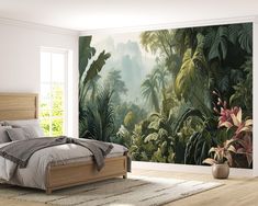 a bedroom with a large mural on the wall