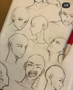 a pencil drawing of various facial expressions on a piece of paper