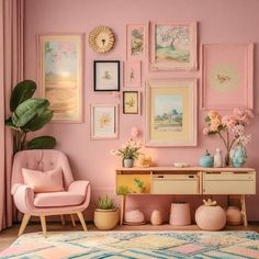 a living room with pink walls and lots of pictures on the wall, including flowers