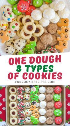 one dough 8 types of cookies on a white plate with red and green christmas decorations