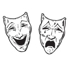 two masks with faces drawn in black and white