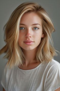 Young woman with shoulder-length blond hair and blue eyes, looking at the camera with a slight smile, freckles visible on her nose and cheeks. Warm Bronde, Flippy Hair, Hair Lookbook, Hair Blending, Fall Highlights, Easy Care Hairstyles