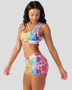 Don't miss this colorful new drop from Care Bears x PSD. The Rainbow Sports Bra is made from a silky poly blend with a comfortable full coverage, keep-you-in fit. | PSD Women's Care Bears - Rainbow Sports Bra, Size XL, Polyester/Blend Care Bear, Care Bears, Bear Cartoon, Retro Prints, Story Ideas, The Rainbow, Sports Women, Bears, Sports Bra