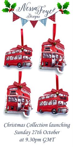 three red buses with christmas decorations hanging from them