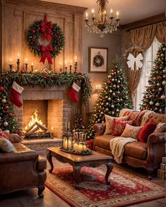 a living room decorated for christmas with stockings and wreaths on the fireplace mantel