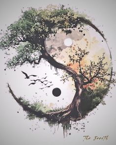 a painting of a tree with birds flying around it