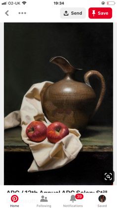 an oil painting of two apples on a cloth next to a teapot and towel