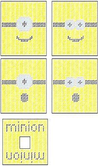 four squares with different faces and words on them, all in yellow fabric patterning