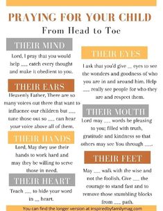 a poster with the words praying for your child from head to toe, and an image of