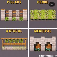 four different types of plants growing on the side of a building with text that reads pillars, hedges, and medieval