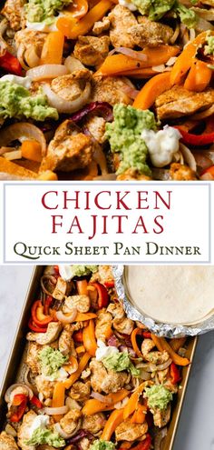 chicken fajitas with peppers, onions and guacamole in a pan