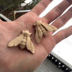 two small wooden bugs sitting on someone's hand