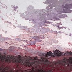 an abstract painting of purple and pink clouds in the sky with stars on them,