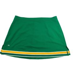 Large Enough For A Man But Made For A Woman! Kelly Green / Gold And White Cheerleader Skirt New Company Sample Kelly Green / Gold And White Cheer Skirts Variety Of Sizes! Professionally Made By Starzone! The Kelly Green Skirt Is An A-Line Style With No Pleats. It Has Green / Gold And White Colored Banding Running All The Way Around The Bottom. It Buttons And Zips In The Back. This Is A New Authentic Cheerleader Uniform Skirt Made As Company Samples. The Skirt Has The Waist Size Of "38" Stitched Fitted Green Cotton Tennis Skirt, Fitted Green Skirt For Sports, Green Sports Skirt For Spring, Green Mini Skirt For Sports, Sporty Green Mini Skirt For Sports, Sporty Green Lined Skirt, Green Stretch Cotton Skort, Casual Green Sports Skirt, Sporty Green Mini Skirt For Spring