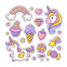 an image of stickers with unicorns and ice cream on them, all in pastel colors