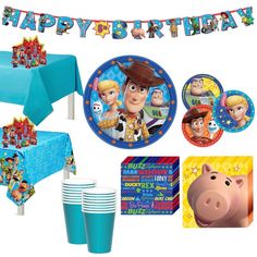 toy story birthday party supplies including plates, napkins and decorations