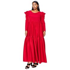 This maxi dress features eye-catching statement shoulders and a flowing tiered hem, creating a dramatic and glamorous look that is perfect for any formal occasion. Chic Floor-length Maxi Dress For Red Carpet, Fall Party Maxi Dress With Ruffles, Fall Tiered Maxi Dress For Party, Red Tiered Ruffle Maxi Dress, Red Maxi Dress With Ruffle Hem, Red Tiered Dress For Fall, Chic Red Maxi Dress With Ruffles, Red Flowy Maxi Dress For Formal Occasions, Red Tiered Maxi Dress For Party