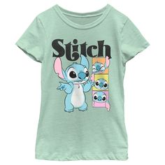 Bring a touch of whimsy and warmth to your little one's wardrobe with the Girl's Lilo & Stitch Cute Faces Stitch T-Shirt. This delightful mint-colored tee is perfect for any fan of the beloved Disney movie.

- Size: Large
- Color: Mint with black lettering
- Material: Cotton blend
- Gender: Female
- Age Group: Kids

Featuring a vibrant array of Stitch's adorable expressions, this T-shirt captures the essence of the mischievous yet endearing alien, Experiment 626. The playful design is complement Alien Experiment, Mischievous Character, Experiment 626, Blue Alien, Stitch Cute, Family Outings, Girls Graphic Tee, Colorful Portrait, Lilo Stitch