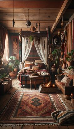 an old fashioned bedroom with lots of plants and decorations on the walls, along with a large rug