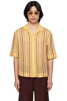 Jacquemus: Yellow Le Raphia 'La Chemise Palha' Shirt | SSENSE Designer Embroidered Collared Tops, Designer Summer Shirt With Button Closure, Classic Embroidered Summer Shirt, Jacquemus Yellow, Shirt Stripes, 2000s Clothes, Woven Cotton, Embroidered Shirt, Collar Shirts