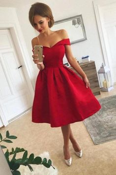 Short A-line Satin Off The Shoulder Red Prom Dress-BIZTUNNEL Homecoming Dresses Knee Length, Red Satin Prom Dress, Elegant Homecoming Dresses, Cocktail Dress Short, Short Red Prom Dresses, Knee Length Bridesmaid Dresses, Red Homecoming Dresses, Stunning Prom Dresses, Graduation Outfits