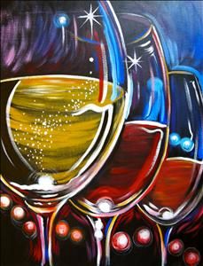 a painting of wine glasses on a black background